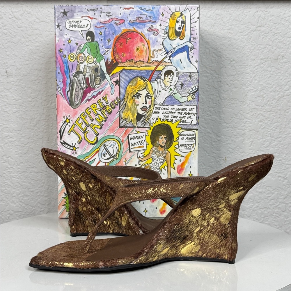 JEFFREY CAMPBELL ROMEE F CALF HAIR SCULPTED WEDGE SANDALS BROWN GOLD SPOT *NIB* - Picture 8 of 15